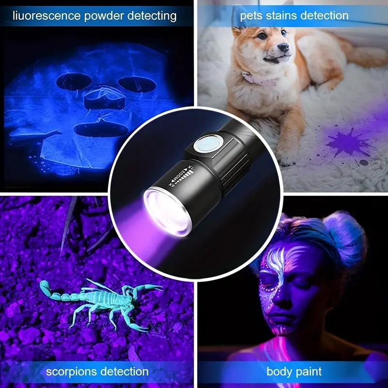 395nm UV Flashlight, 1 Counts USB Rechargeable Zoomable Ultraviolet Light, Pet Cat Moss Urine Detection Light, Outdoor Camping Fishing Light, LED Flashlight