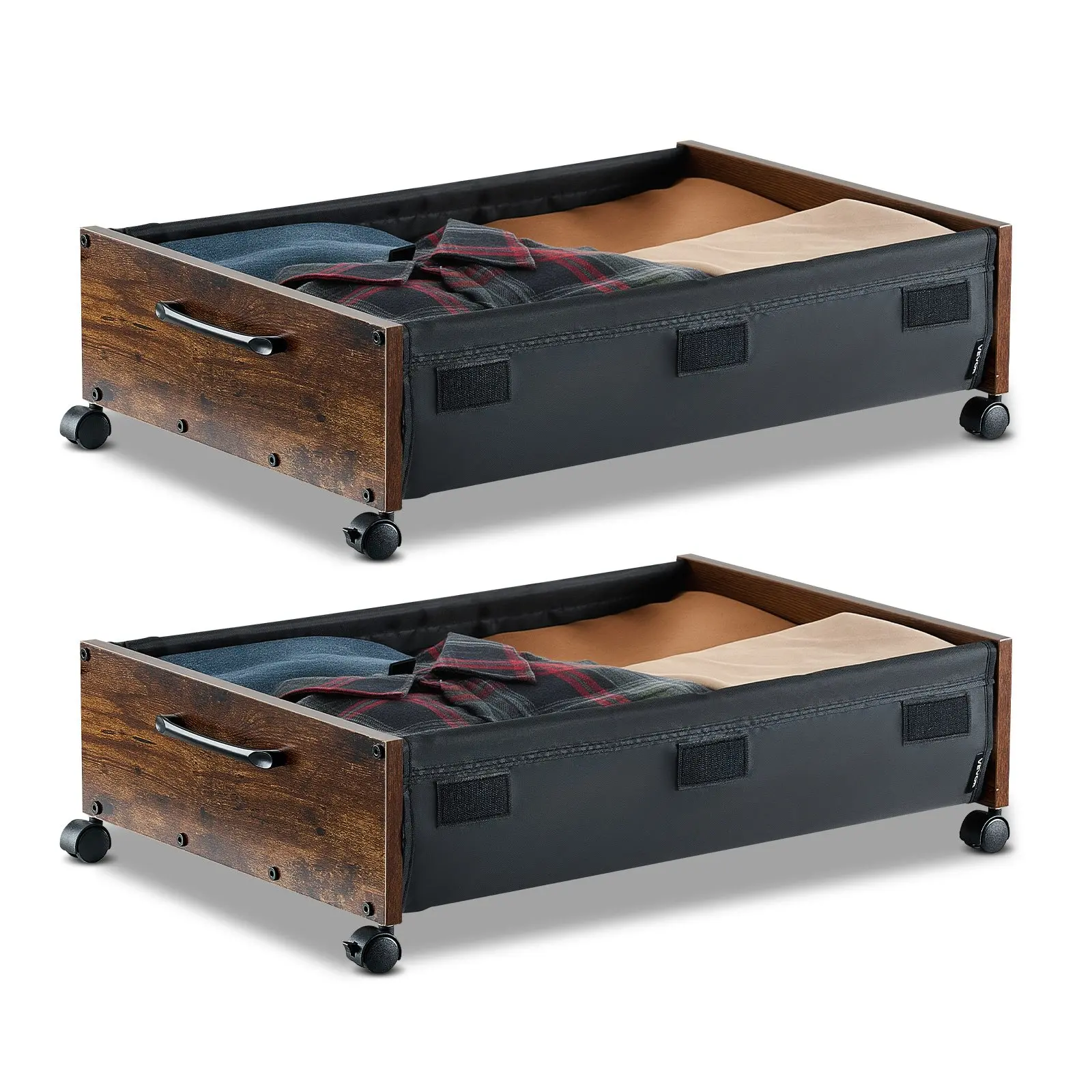 VEVOR Industrial Wooden MDF & Metal Under Bed Storage Organiser Set, 2-Pack 25.6x18.1x7.1in Rolling Bins with Lockable Wheels, Quiet Casters, Side Handles, Heavy Load Capacity, Stackable Label Slots for Bedroom, Pet Supplies