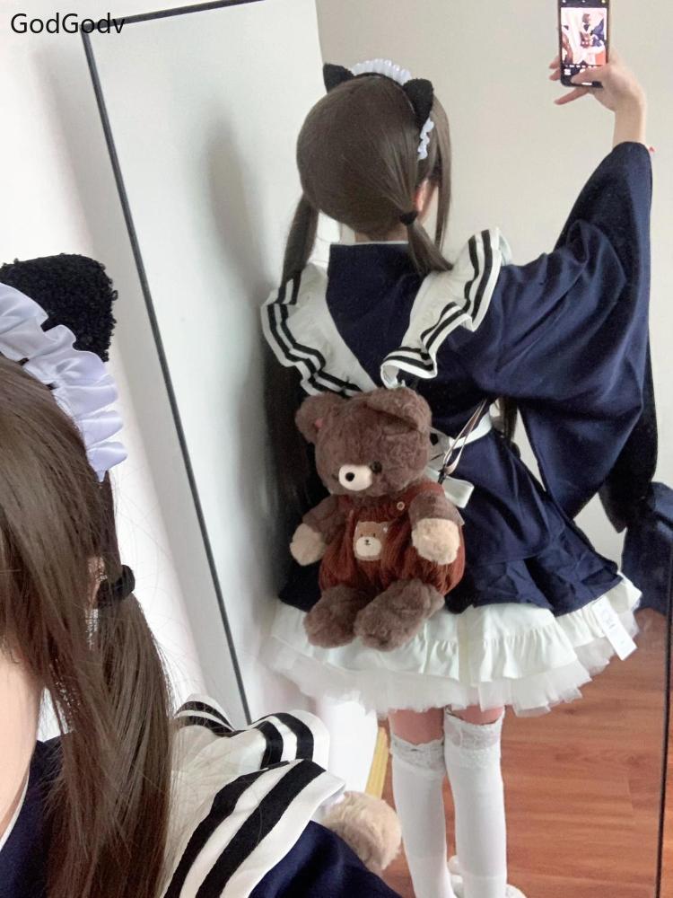 Spring Cosplay Lolita Woman Dress Elegant Bow Ruffle Design Navy Blue Cute Design Maid Dress Female Kawaii Chic Party Outfits