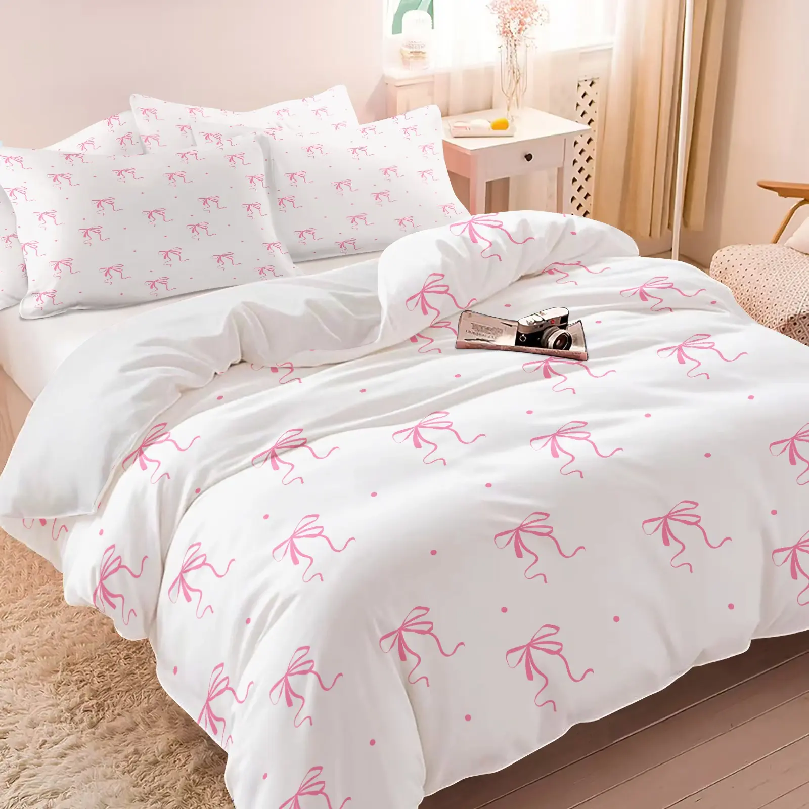 3PCS Pink Ribbon Bow Repeat Duvet Cover Set, Breathable Duvet Set (1 Duvet Cover + 1-2 Pillowcases), Pink Bow Tiny Polka Dot Print Pattern, Soft Cozy Skin-Friendly Lightweight Bedding, Ideal Teen Girls Dorm Decor Gift