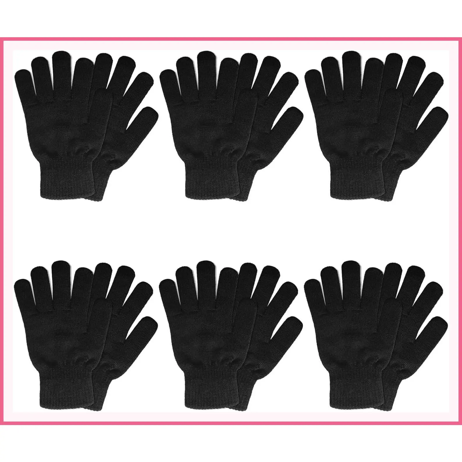 6 Pairs Winter Warm Knit Magic Gloves for Women Men, Black Stretch Gloves