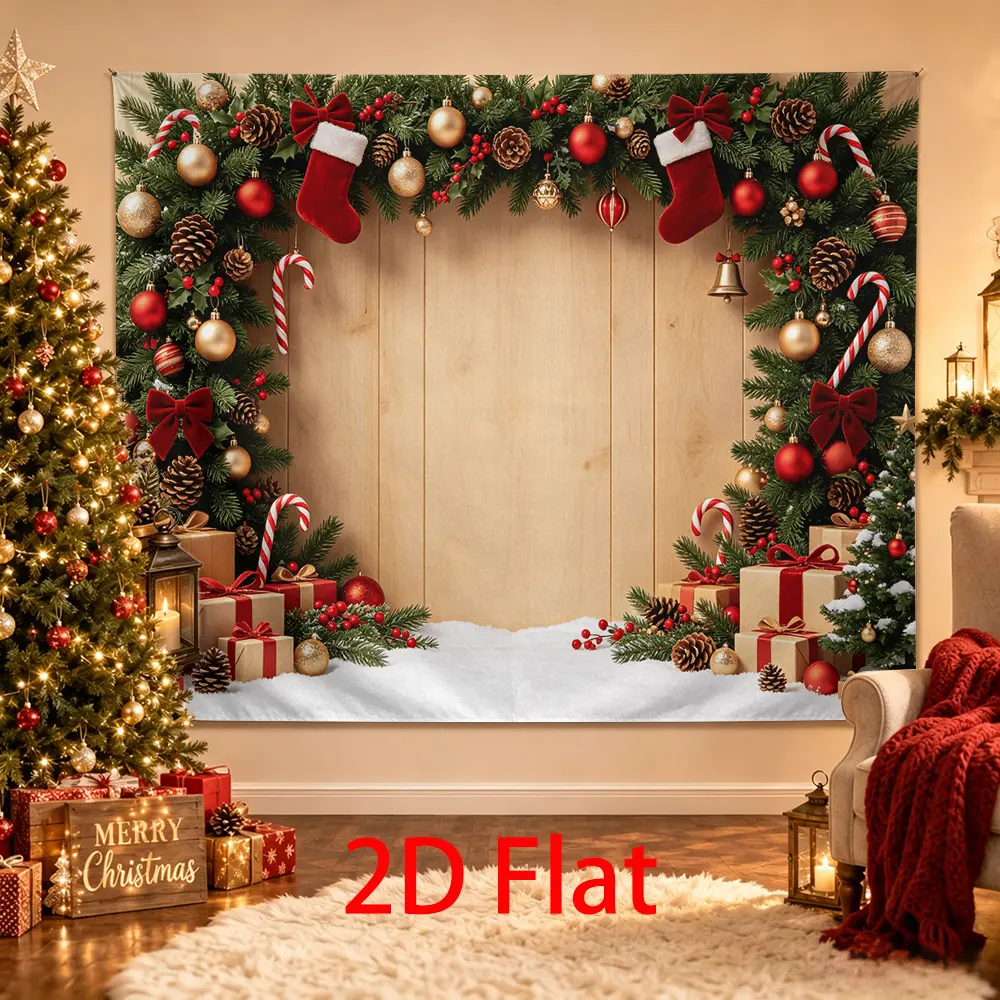 Rustic Christmas Backdrop, Wood Holiday Photography Background with Pine Garland, Red Stockings, Candy Canes, Gifts and Snow