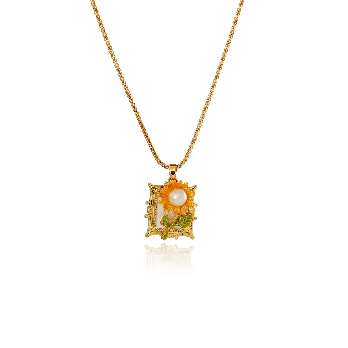 Women's 2-Piece Cottagecore Monet Garden Aesthetic Jewelry Set - Ornate Frame Faux Pearl Floral, Copper Anti-Tarnish, Box Chain Necklace & Drop Earrings for Wedding, Daily Outfits (Choking Hazard Small Parts), Bling Style, Evening