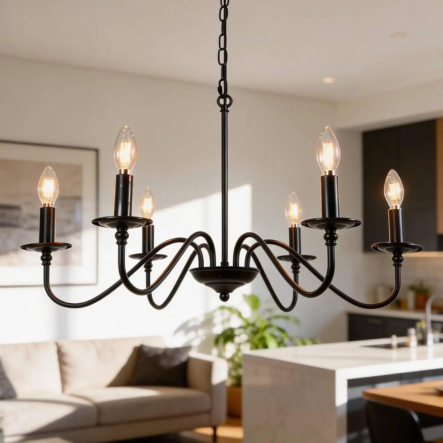 Black 6-Light Rustic Industrial Candle Chandelier (29in) with Open Arms & Hardware Set, Indoor Hanging Light Fixture for Dining Room, Kitchen Island, Candle Light