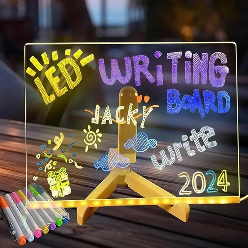 USB Powered LED Note Board with 7 Colors Pen, Glowing Acrylic Message Marker Board, Office Presentation Supplies, 1 Count Magic Note Board