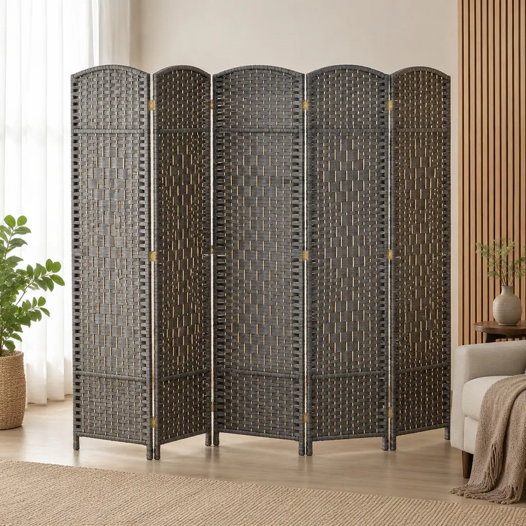 HOMCOM 6-Panel Arched Top Foldable Freestanding Room Partition, 6' Tall Hand-Woven Weave Texture Privacy Screen, Indoor Wall Divider for Home, Office, Living Room Decor, Freestanding Room Partitions