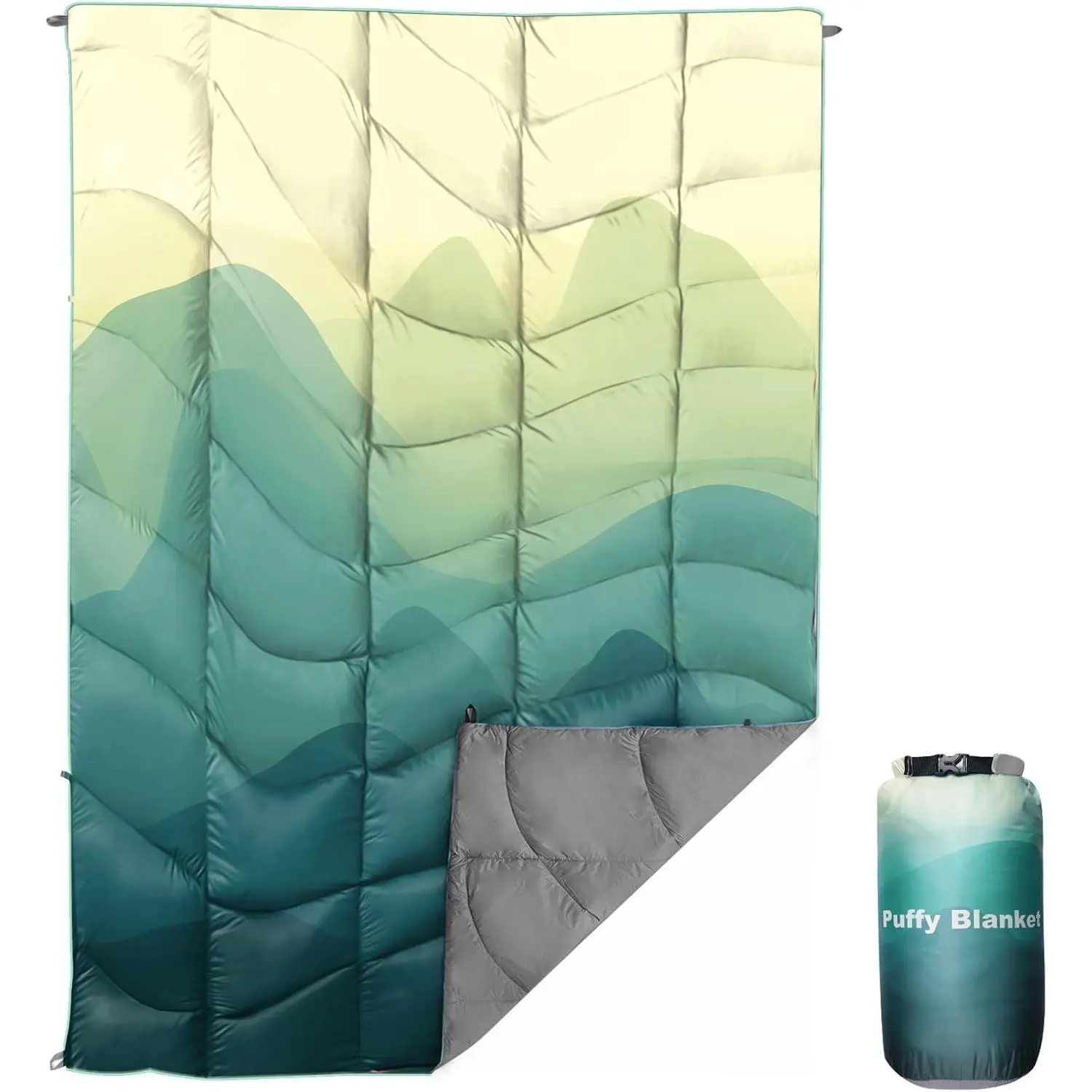 Outdoor Puffy Camping Blanket, Large Waterproof 55 x 79 in - Lightweight Down Alternative Printed Warm Packable Camping Quilt for Travel Picnic Beach Cold Weather, Green Mountain