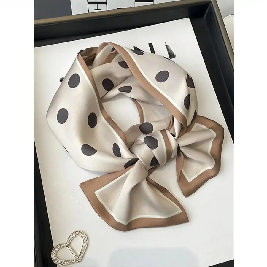 Women's Soft Satin Square Shape Multiuse Scarf, Vintage Polka Dot Bag Charm & Twilly, Hair Styling Accessory for Casual Wear