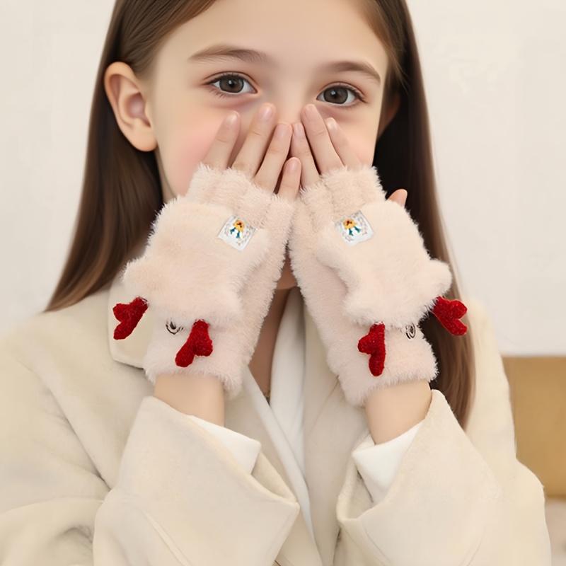 1 Pair Kids Gloves Winter Warm Thickened Flip Gloves Writing Open Finger Girl Plush Half Finger Gloves Cute Cartoon Winter Boy Five Finger Gloves Suitable for Daily Wear Outing Suitable for Children Aged 3