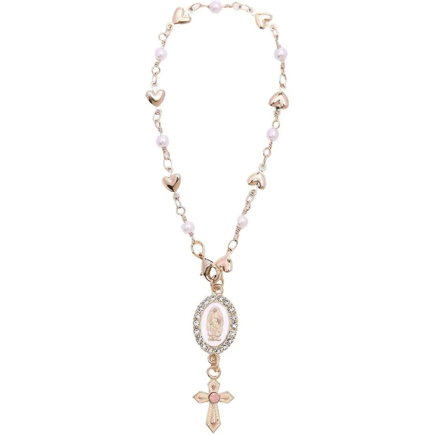 Steering Wheel Rosary Charm, Steering Wheel Accessory with Virgin Mary Charm & Cross, Pearl Heart Chain Catholic Car Interior Hanging Decor (Pink)