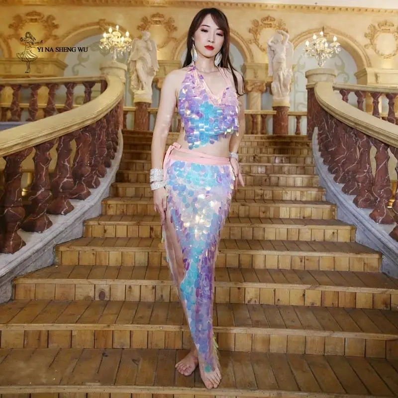 Women Belly Dance Costume Lady Mermaid Sequined Hip Towel Bellydance Sequins Top Stage Dancewear Fish Scale Hip Scarf Wrap Belt