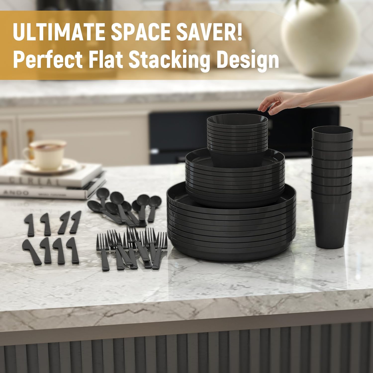 20 count Apartment Essentials Dinnerware Set, Stackable Space-Saving Plates & Large Flat Bowls (Pasta/Salad), Modern Matte Unbreakable Plastic Dishes, Microwave Safe, Black