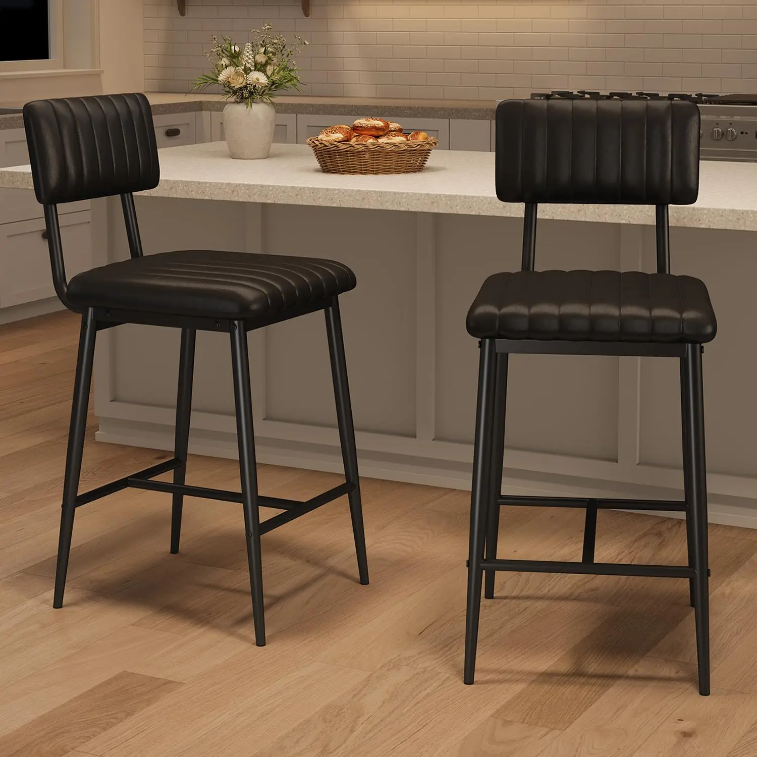 Garvee Barstool 2-piece set, high bar stools with thick cushions and reinforced metal legs, PU leather counter-height bar stools with backrest and footrest, for island, counter, kitchen