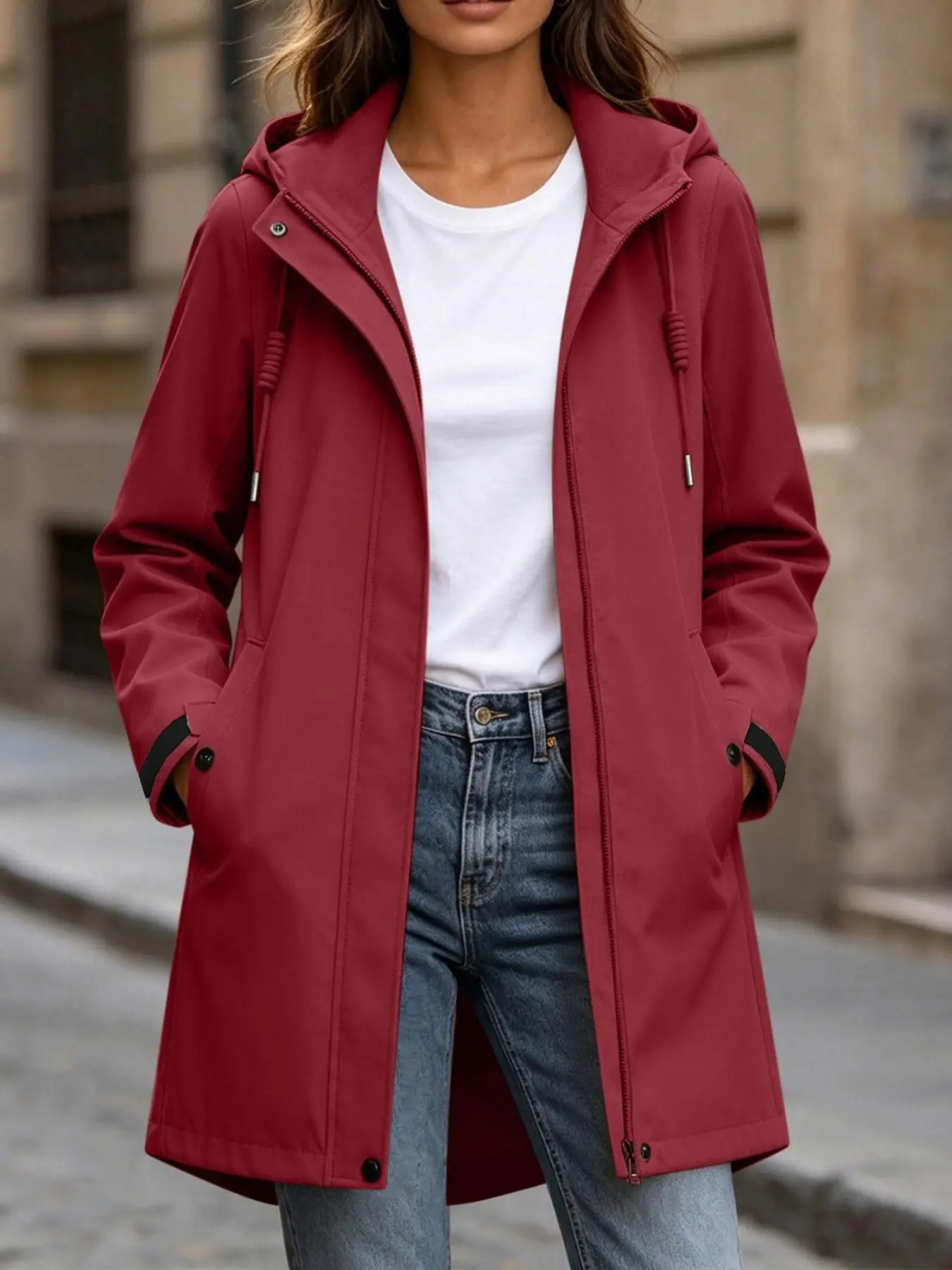 New Women's Mid-Length Outdoor Windbreaker, Adjustable Drawstring Hooded Design, Pocket Decorative Casual Hiking Jacket Coats