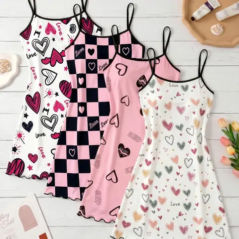 4-Pack Women's Nightdresses, Cute Heart Print Sleepwear, Casual Fitted Everyday Home Wear, All-Over Print