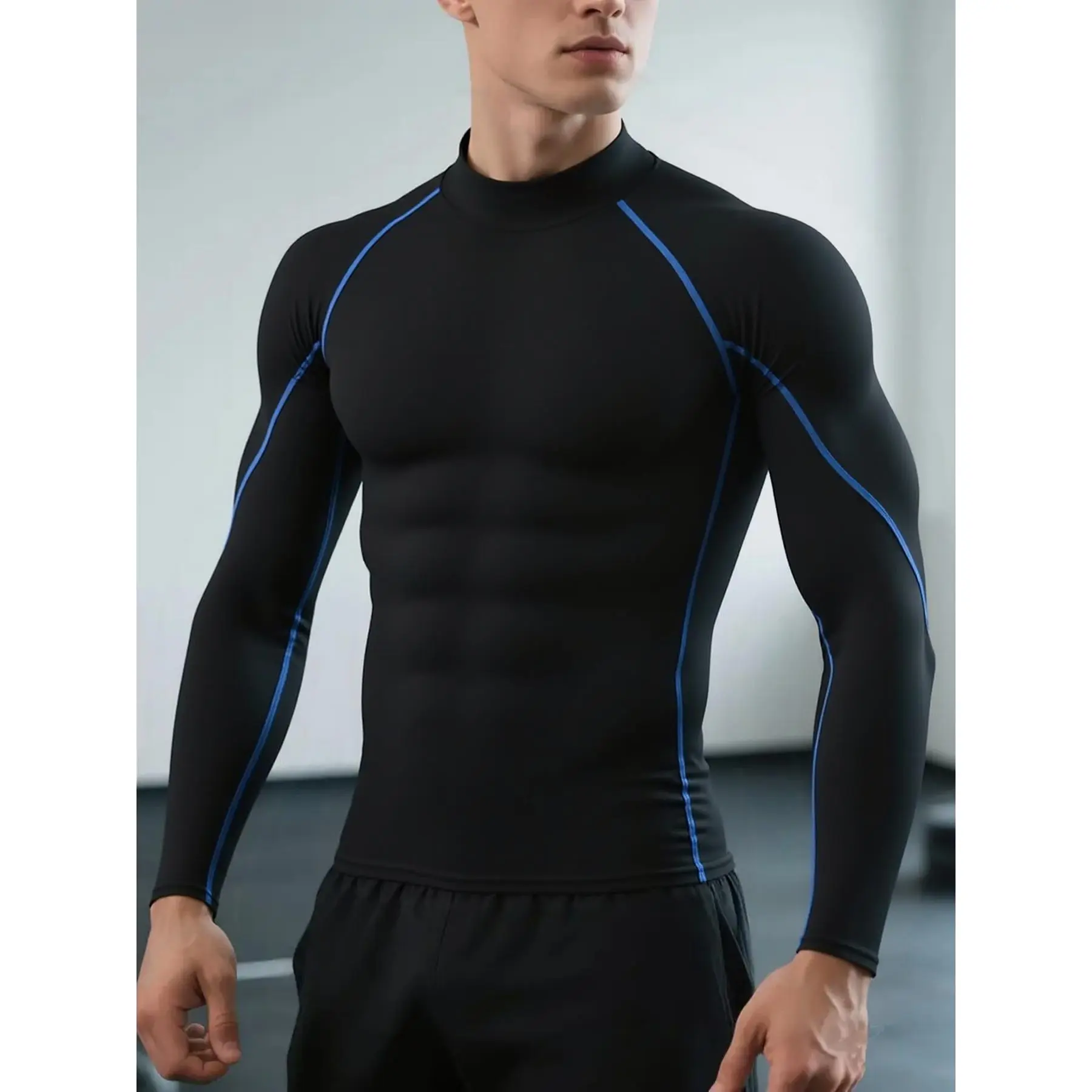 Men'S Quick-Dry Stretch Fitness Shirt --Neck Long-Sleeve Top, Suitable All Seasons, Tight-Fitting Boxing Shirt, Moisture-Wicking Sportswear, Gym Clothing, Training Top, Sporty Style, Elastic, Energetic Men'S Wear