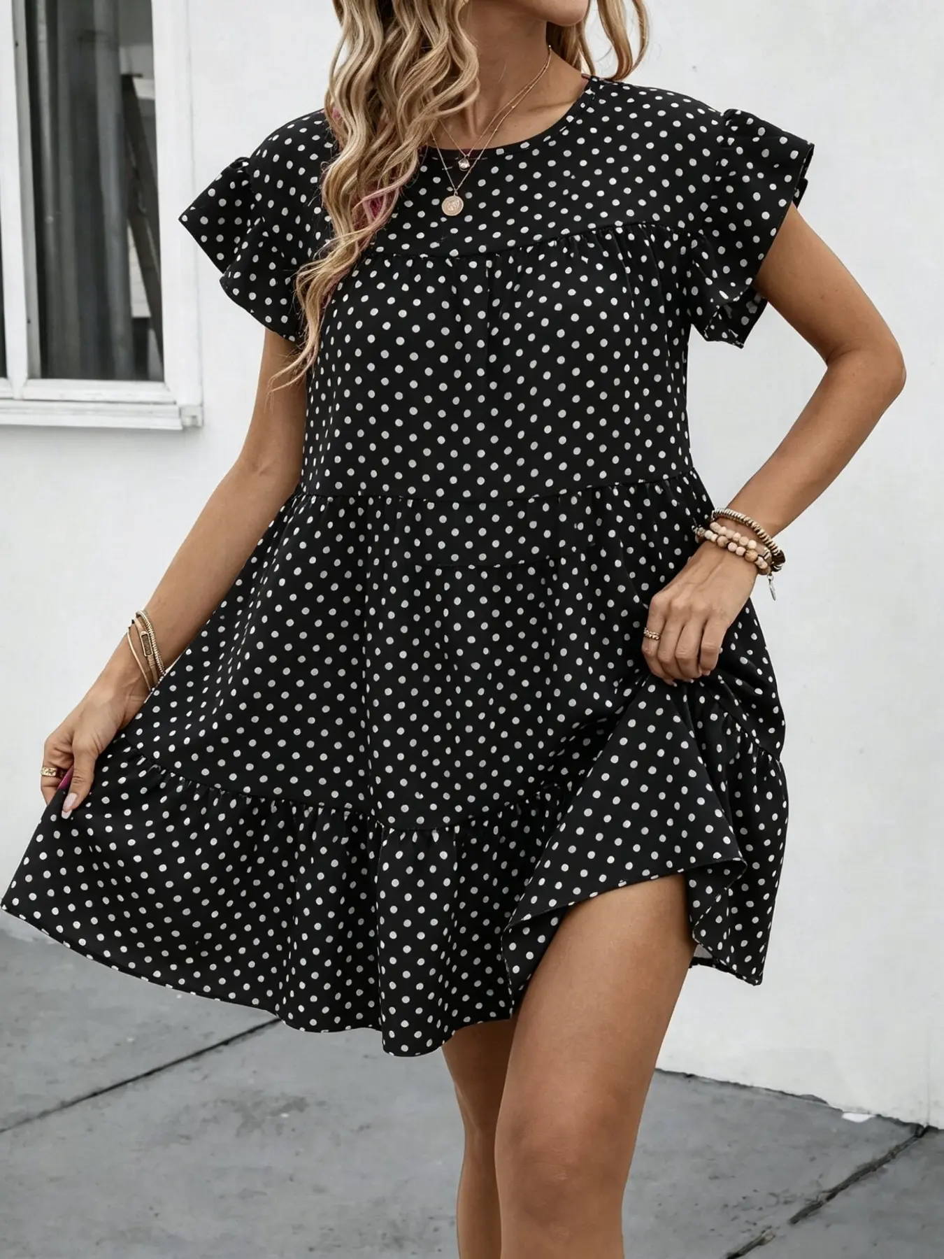 Women's Polka Dot Mini Dress, Bohemian Style Casual Dress, Round Neck Ruffle Short Sleeve, Layered Ruffle Hem, Loose Fit Summer A-Line Dress, Boho Summer Dresses