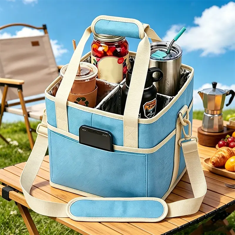 Detachable Four-Compartment Insulated Beverage Storage Bag, Crossbody Car Coffee Pouch, Picnic Takeout Multi-Water Cup Holder Lunch Pack