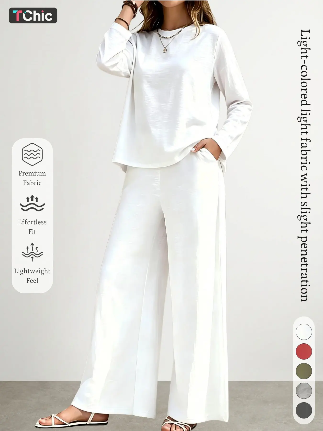 Autumn Winter New Solid Color Loose Long Sleeve Set, Side Pocket High Waist Wide Leg Pants, Casual Office Home Wear Two-Piece Set