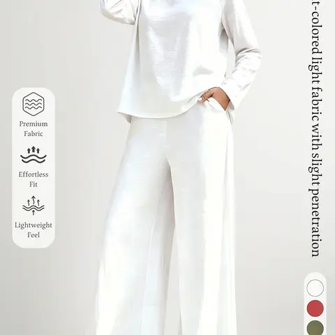 Autumn Winter New Solid Color Loose Long Sleeve Set, Side Pocket High Waist Wide Leg Pants, Casual Office Home Wear Two-Piece Set Outfit Sets Women