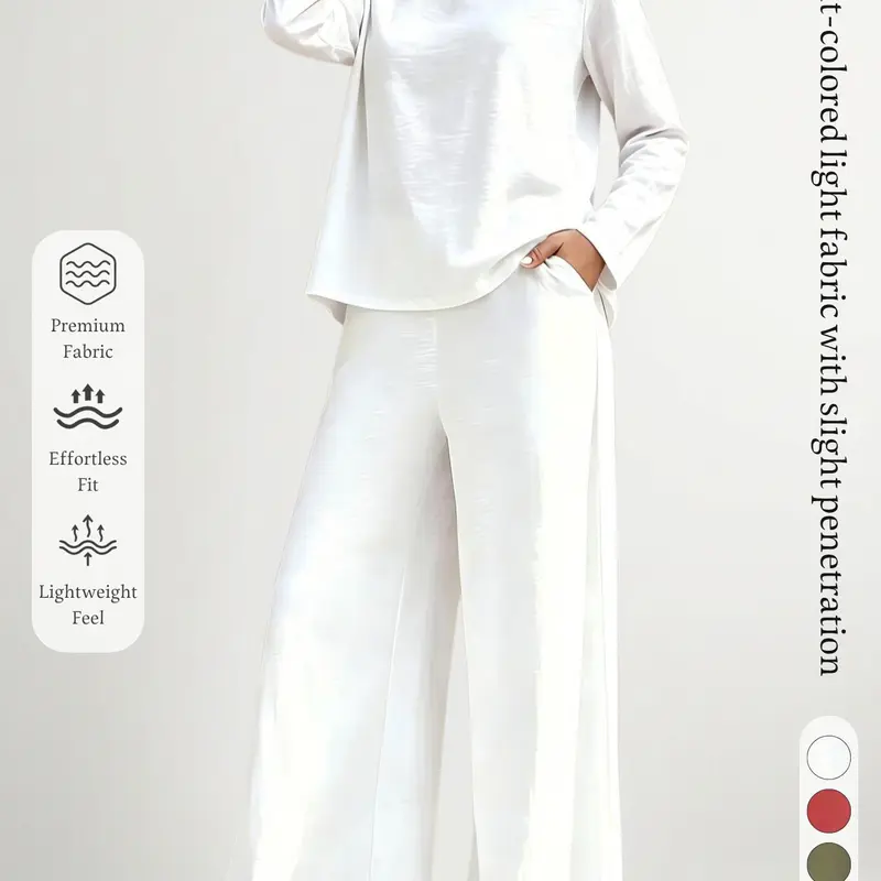 Autumn Winter New Solid Color Loose Long Sleeve Set, Side Pocket High Waist Wide Leg Pants, Casual Office Home Wear Two-Piece Set Outfit Sets Women