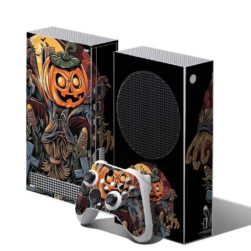 Halloween Pumpkin Scarecrow Vinyl Skin Decal Set for Xbox Series S, Includes Console Skin + 2 Controller Skins, Spooky Scarecrow Crow Tombstone Retro Artwork Pattern, Durable Scratch‑Resistant, Removable No Residue PVC Vinyl Sticker