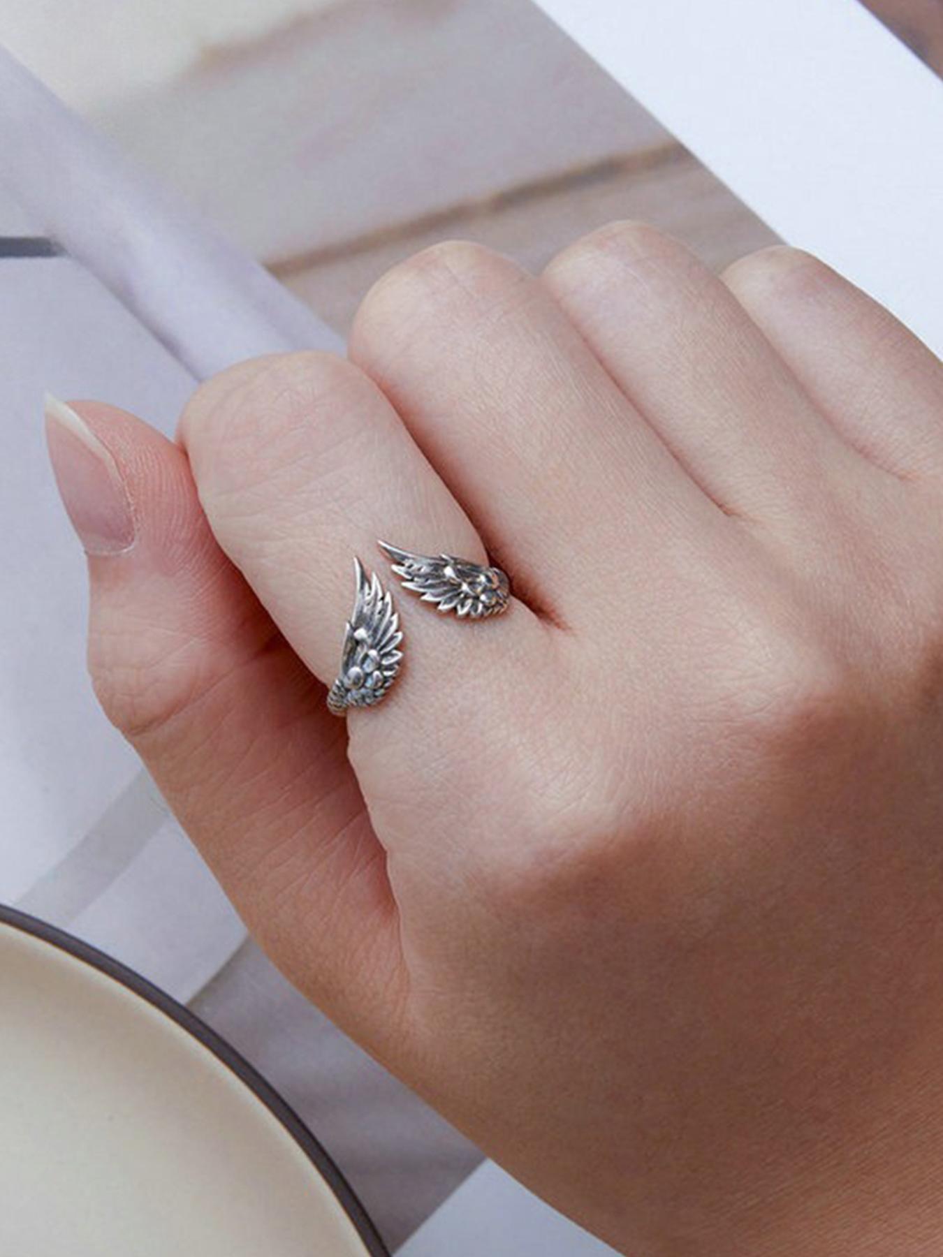 S925 Sterling Silver Vintage Angel Wing Design Cuff Ring, Open Ring, Fashion Jewelry Accessories for Women & Girls, Trendy Exquisite Jewelry for Birthday Gift