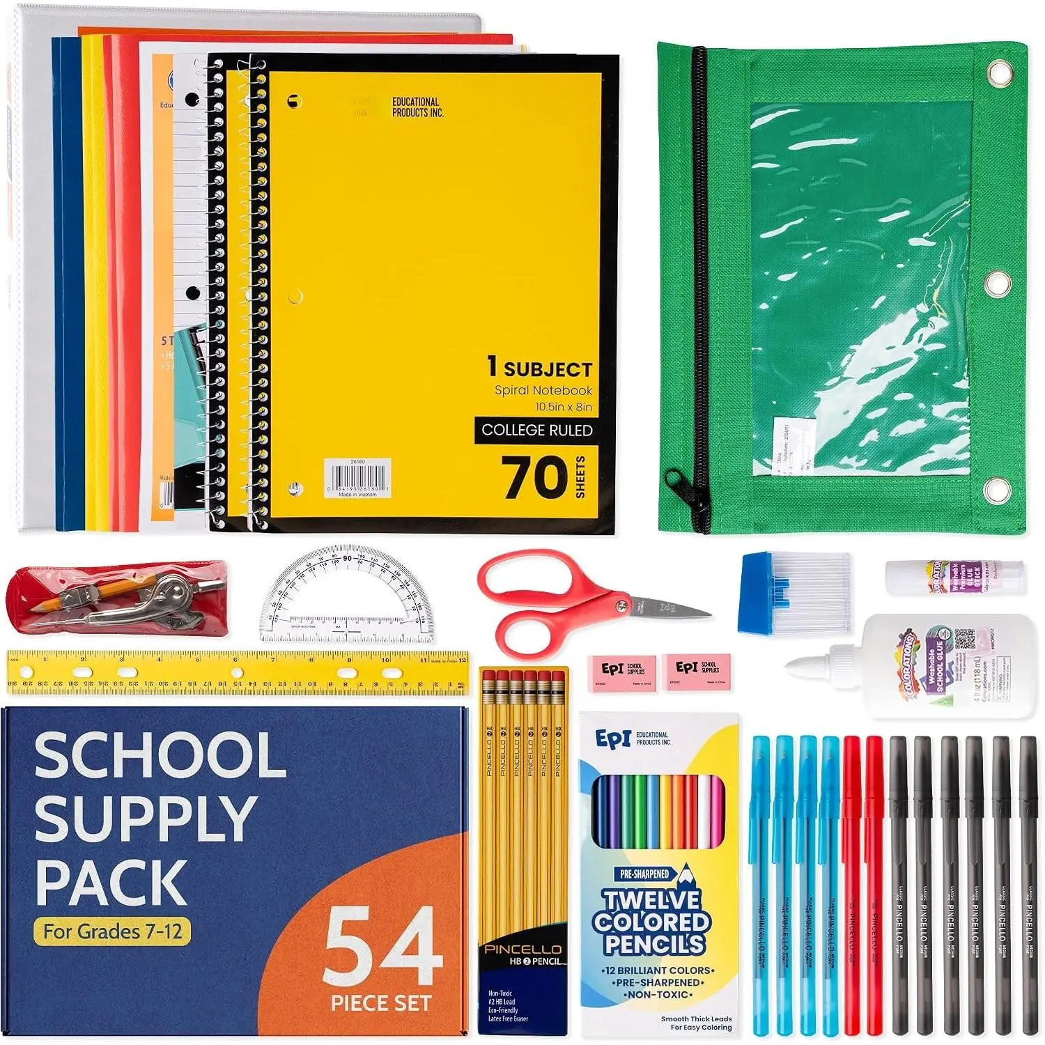 Essentials  to School Supplies for  7th-12th Grade – 54 Items in Kit – High School  Packs – College-Ruled Bundle with Folders & Binders – Suitable for Homeschooling