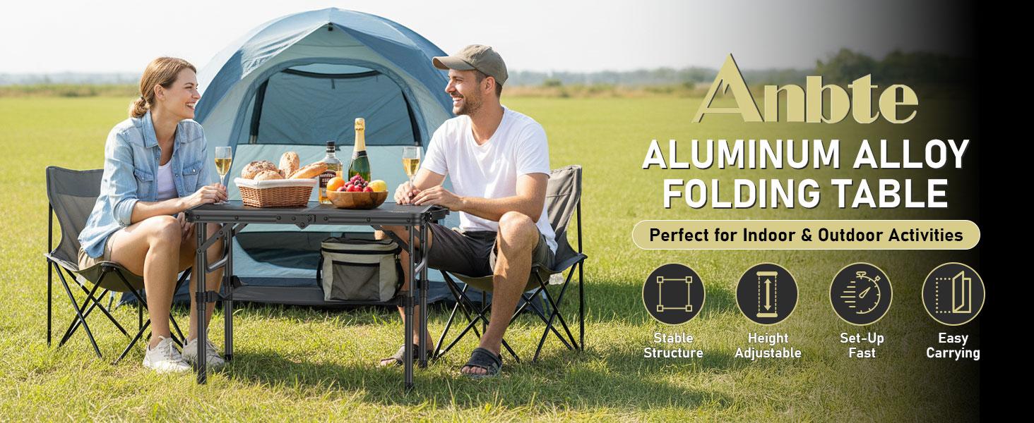 Anbte 2ft Folding Camping Table with Storage Net, 3 Adjustable Heights Small Folding Table Lightweight & Portable with Carry Handle, for Camping, Fishing, Picnic, Beach, Outdoor, 22.8" x 15.7", Black