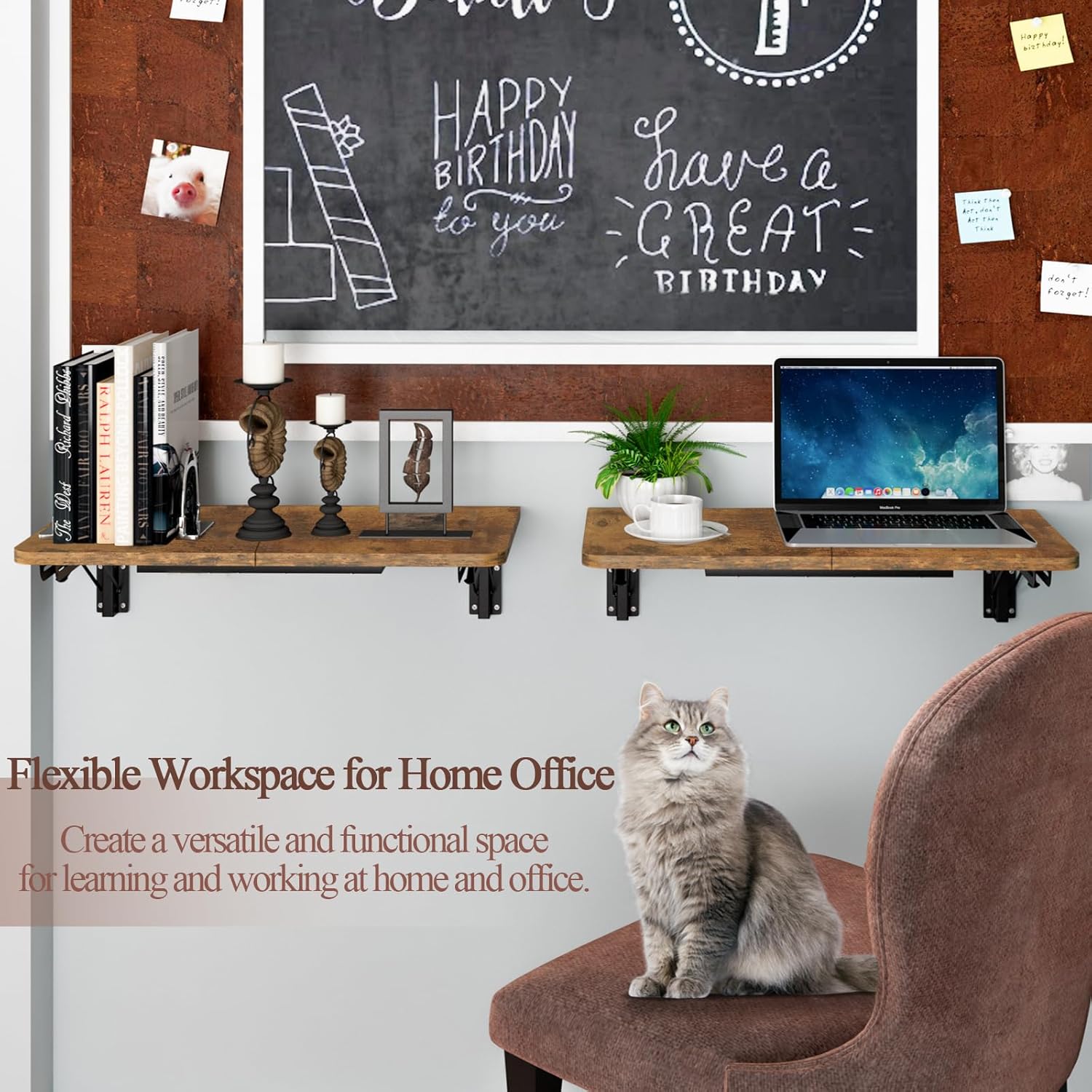 Wall Mounted Folding Table, Rustic Brown Floating Wall Desk for Small Spaces, Drop Leaf Dining Table for Kitchen Fold Down Laundry Shelf with Heavy-Duty Brackets