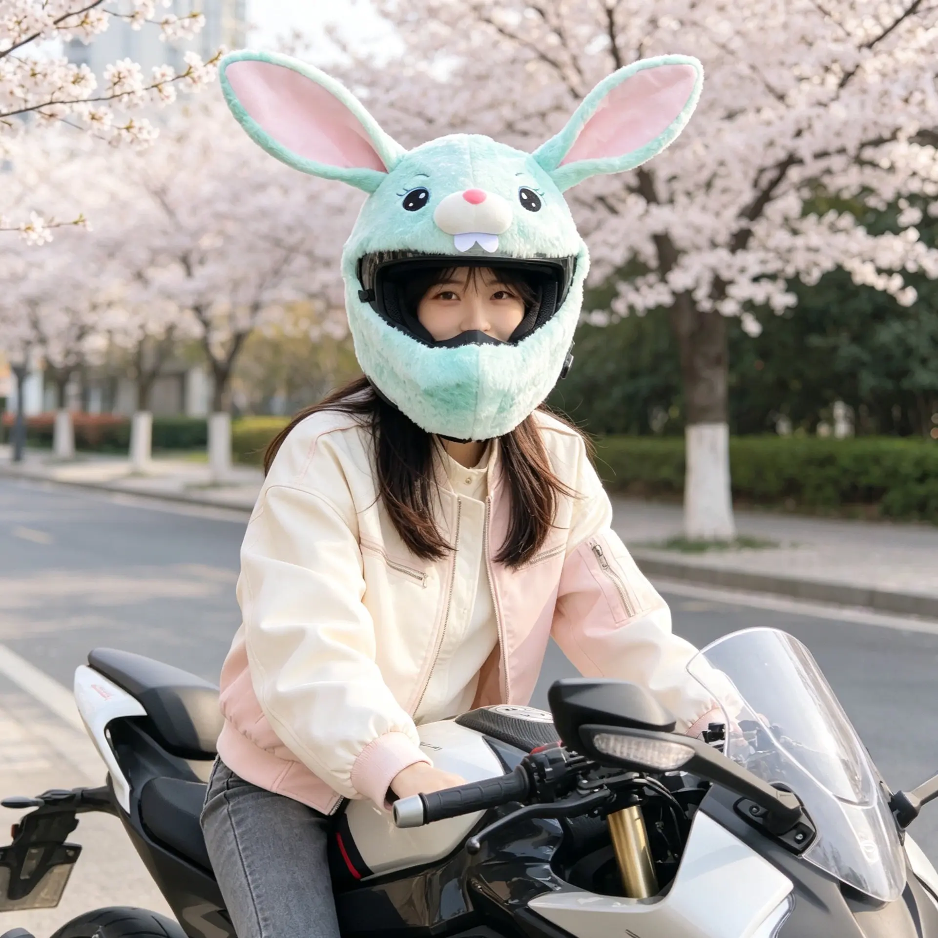 Fresh Mint Starlight Rabbit Helmet Cover, Fits Motorcycle Full Helmets, Cute Plush Outer Jacket, Windproof Riding Gear