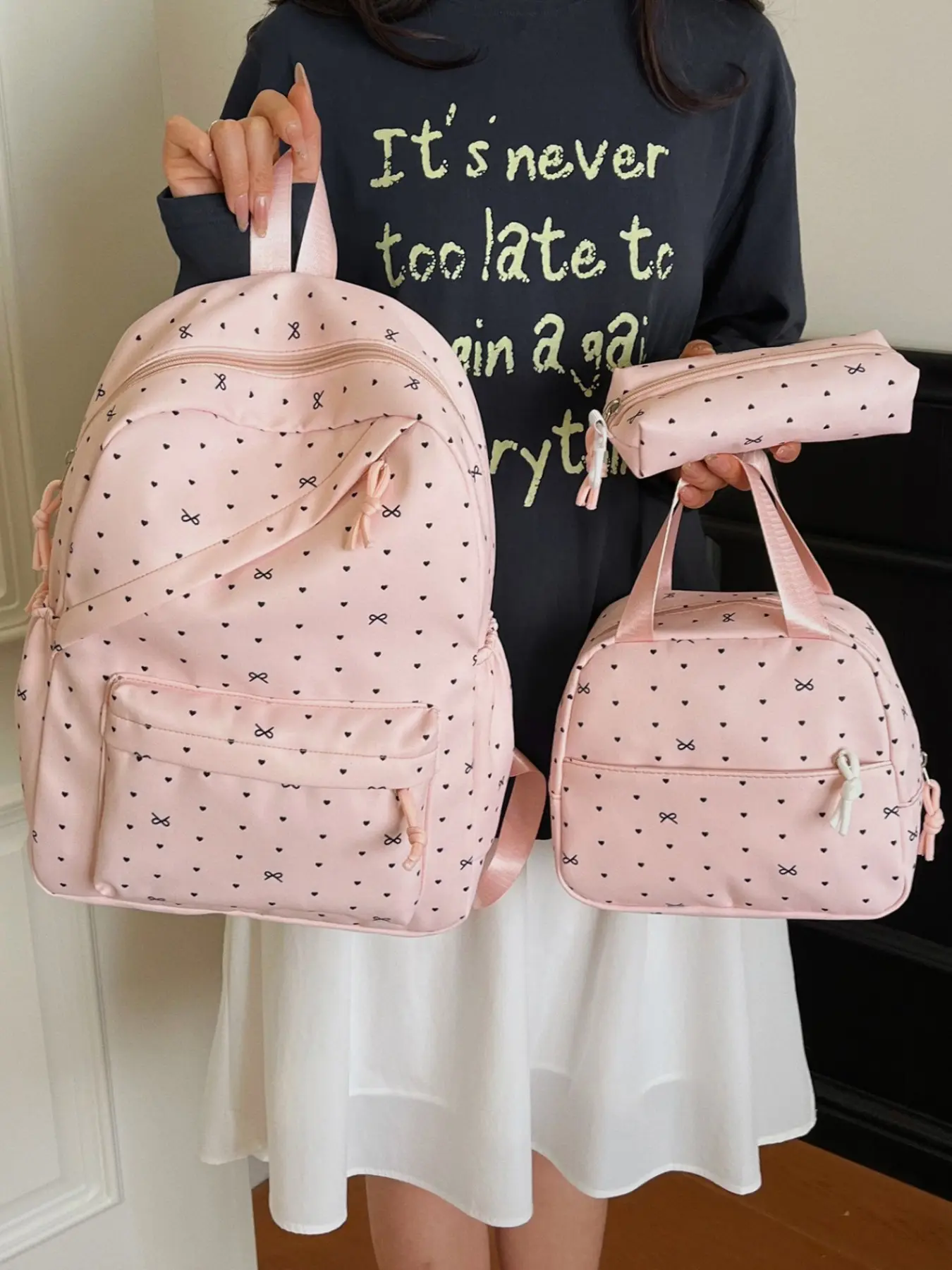 2026 Girl Bow Heart Print Backpack, Casual All-Season School Bag Set, Lunch Pouch & Pen Case, Middle/high/school Student Bags