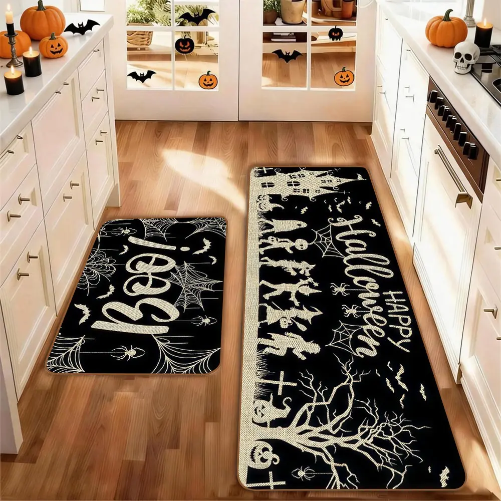 Set of 2Halloween Kitchen Rug Set, Washable Non-Slip Floor Mats, Cat Skull Pumpkin Design, for Kitchen Laundry Hallway Decor