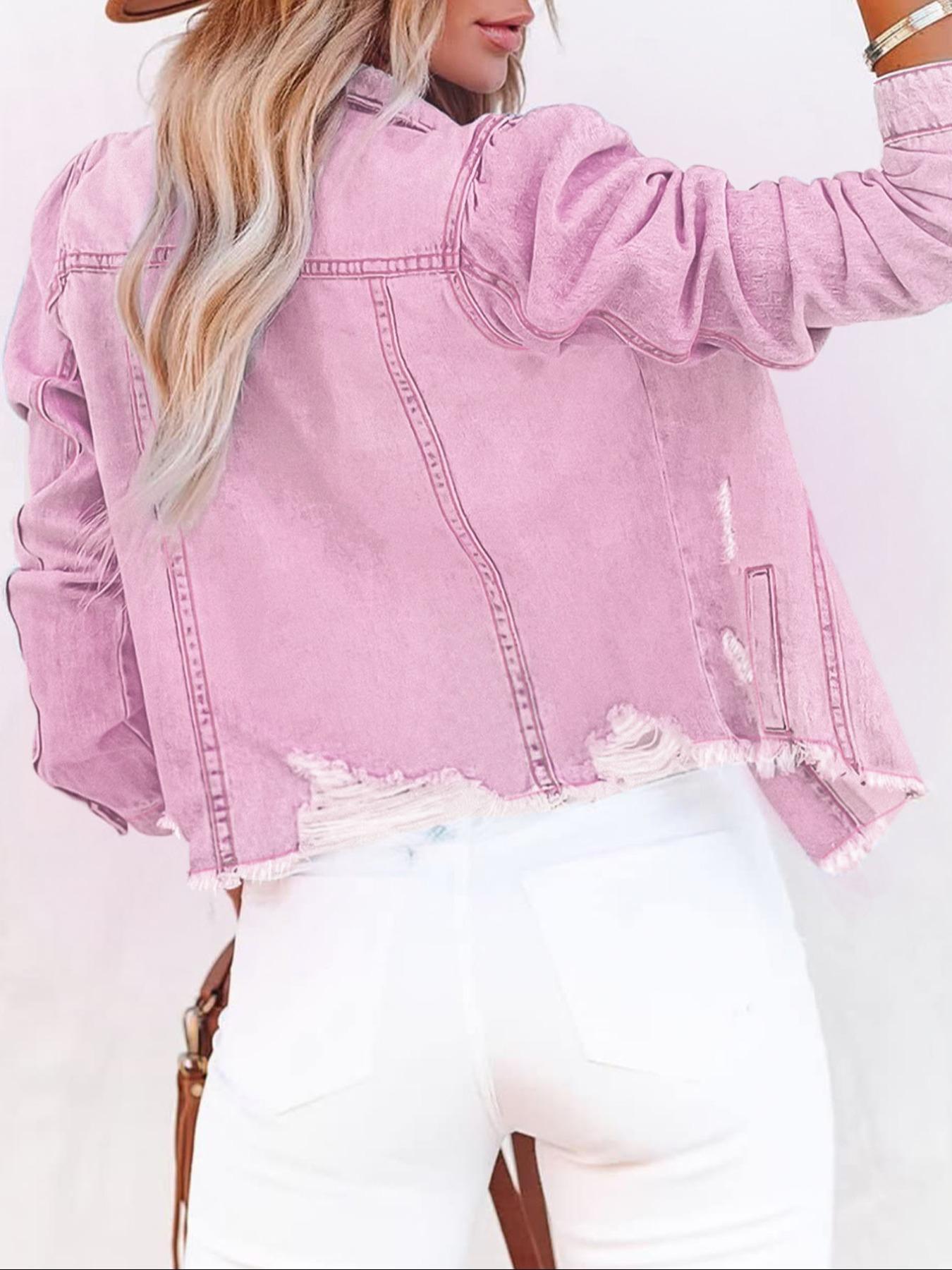 Women's Plain Ripped Raw Hem Denim Jacket, Casual Long Sleeve Button Front Fit Outerwear for Daily Wear, Ladies Clothes for All Seasons