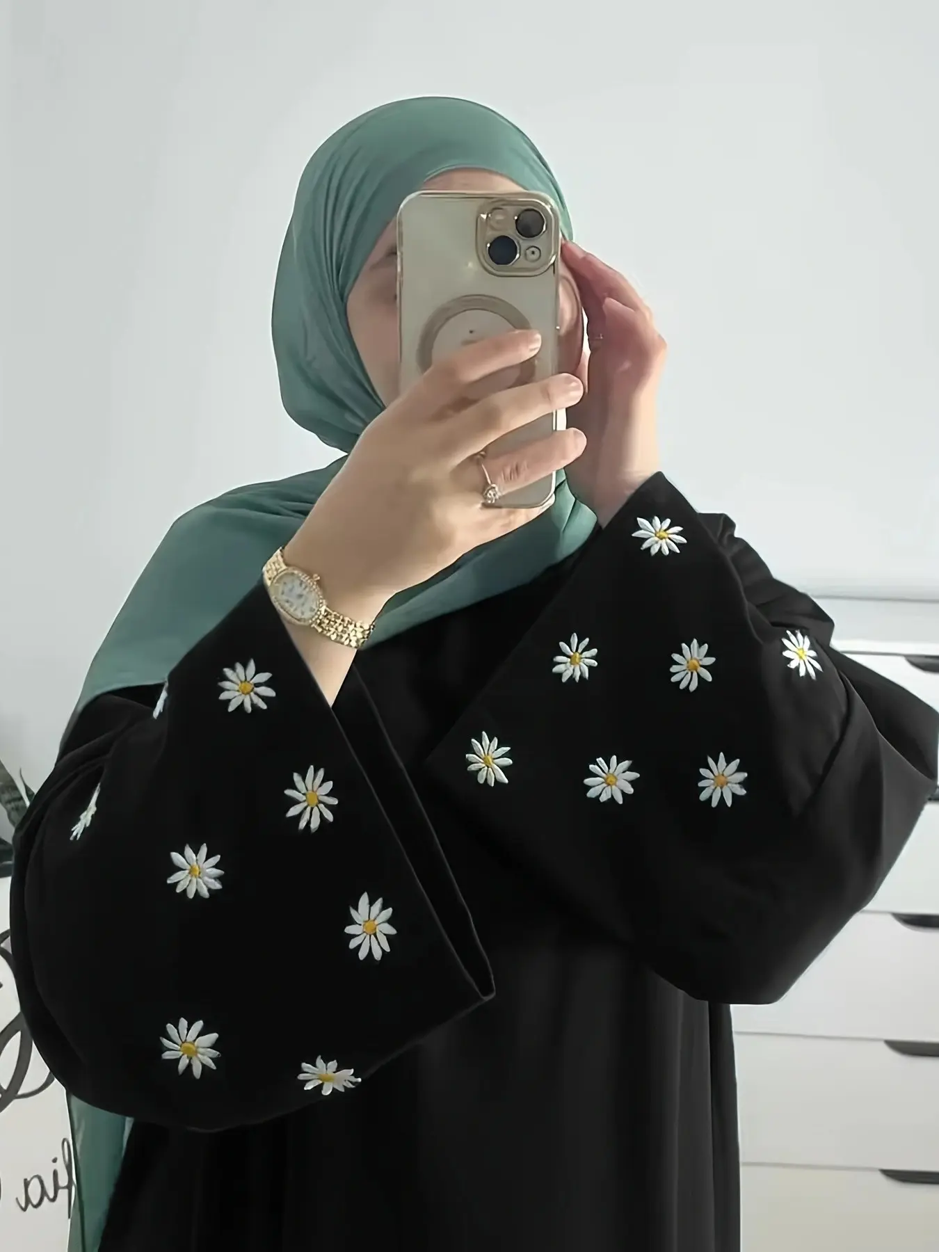 Daisy Embroidered Muslim Women Dress, Plain Long Robe for Ramadan, Luxury Islamic Turkish Festival Party Wear, Dubai Style