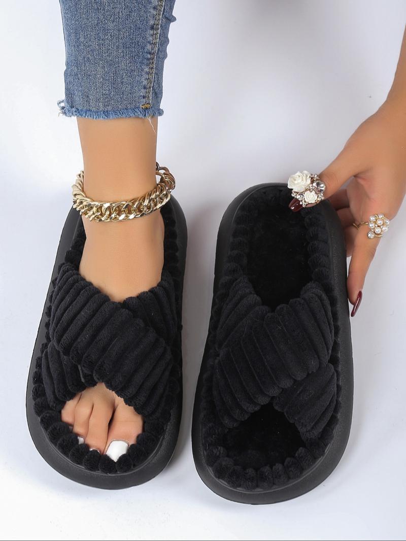 Women's Criss Cross Design Plush Slippers, Casual Soft Comfortable Non-slip Thick Bottom Slippers for Indoor and Outdoor Wear, Bedroom Slippers for Fall & Winter, Footwear