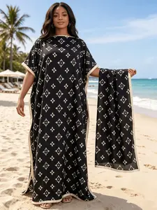 New Women's 2 Piece Black Base Cream Diamond Monogram Print Kaftan Maxi Dress with Matching Scarf, Silky Loose Satin Robe, Plus Size Friendly, Beach Cover Up, Resort Vacation & Evening Party Wear