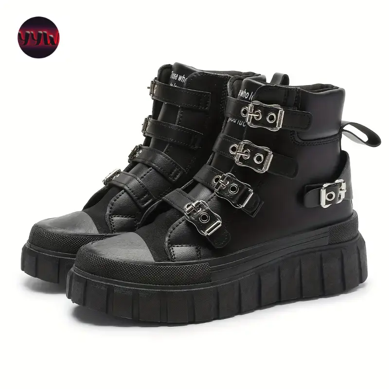 YYW1 [Comfortable Black Ankle Boots] Comfortable Black Platform Ankle Boots - Women's All-Season - Thick Sole, Casual Metal Straps, Faux Cover, Versatile Flat Heel Casual Attire