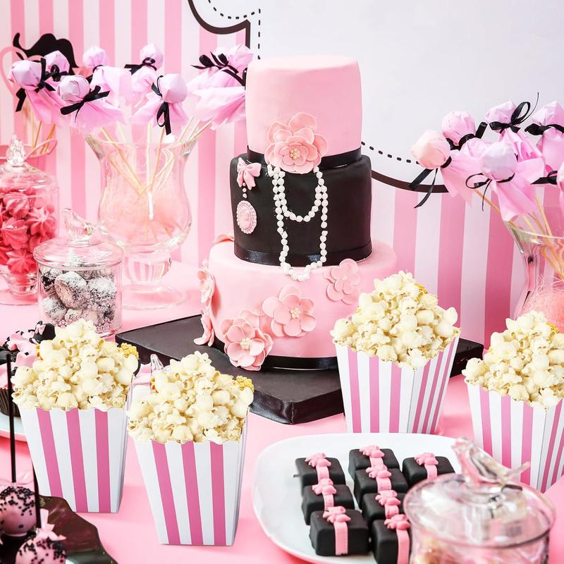 Pink and White Striped 48pcs Paper Popcorn Boxes - Pastel Candy Cardboard Buckets for Theater Carnival Birthday Party Favor Bags Disposable Traditional