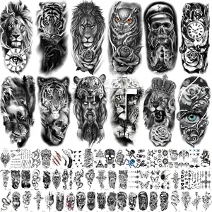 Waterproof long-wear temporary tattoos with various black large patterns. Unisex design for half arm and thigh, highly realistic, versatile for gatherings, performances and casual outfits.