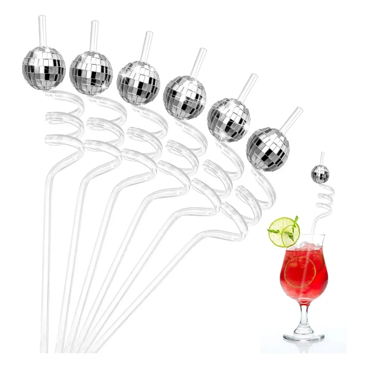 12 Pcs Mirror Disco Ball Straws, Silver Disco Party Decorations, Reusable Retro Straws for Cups, 70S Theme Birthday New Year Eve Party Favors