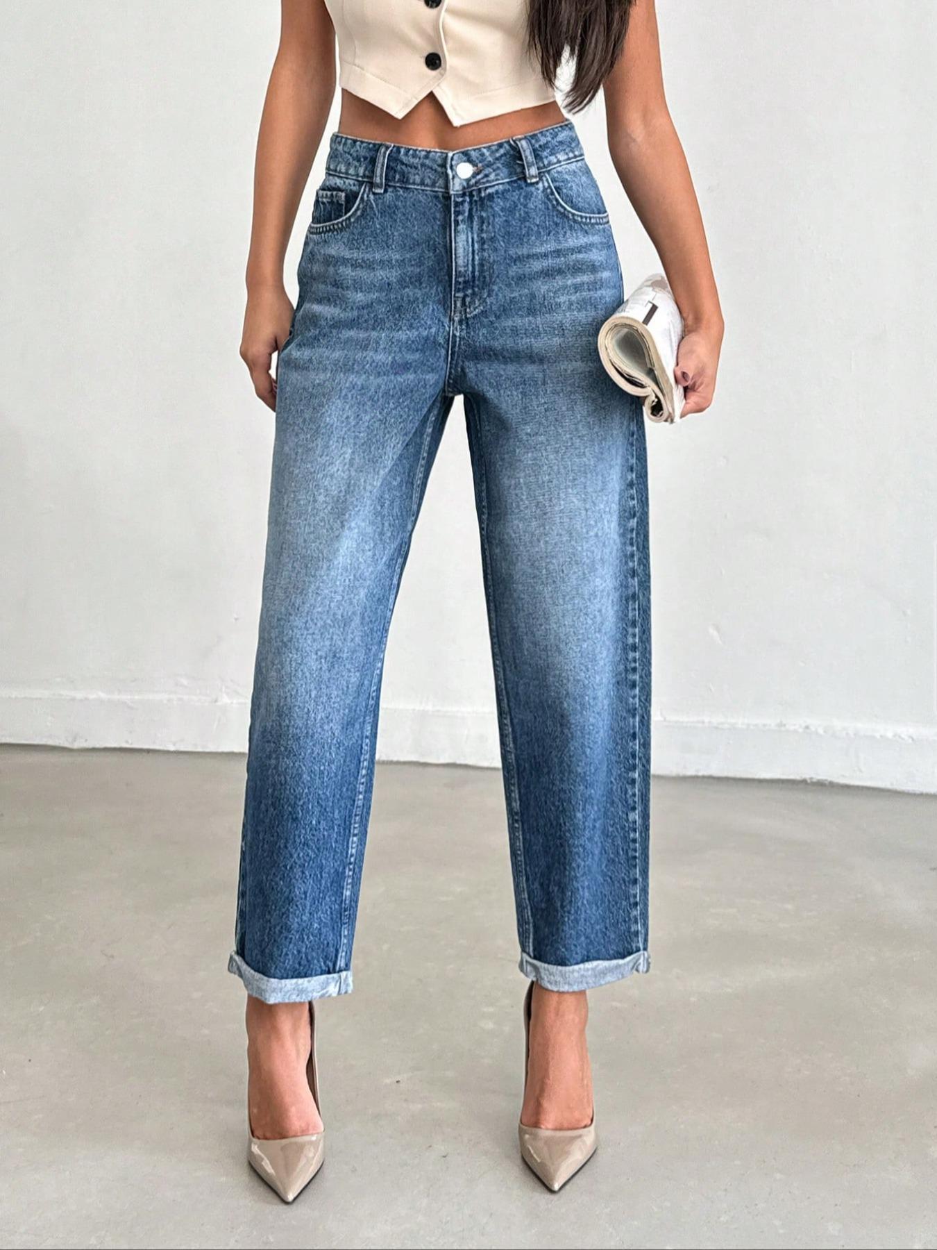 OBLue Jeans Retro High Waist Straight Leg Jeans for Women, Loose Fit with Rolled Hem for Slim Look and Style, High Waisted Denim