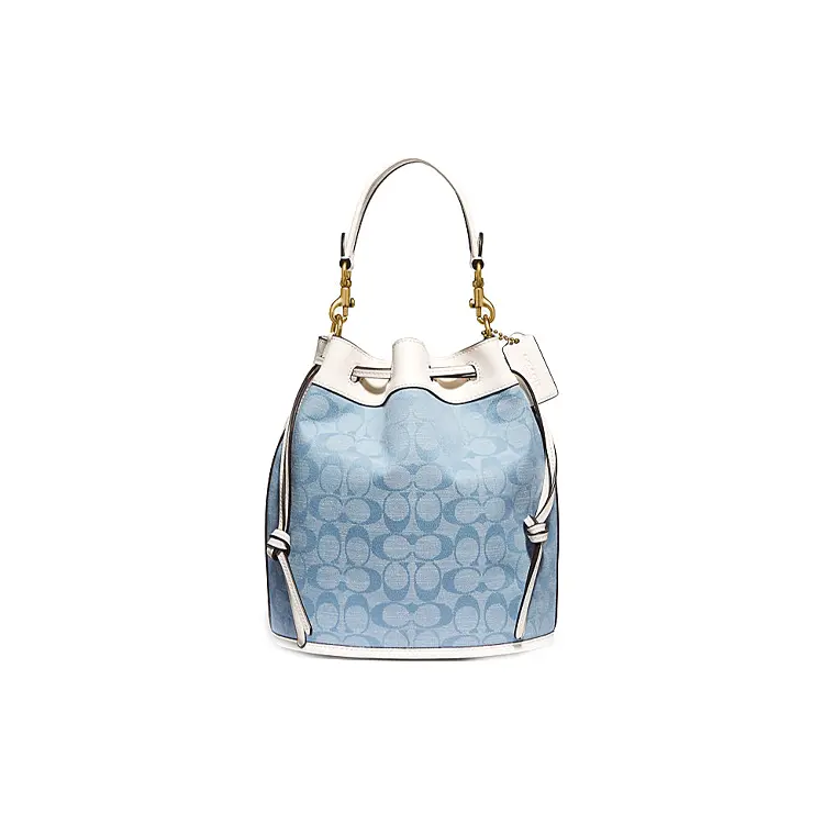 COACH Chablis Embroidered Drawstring Top-Handle Tote Bag for Women – Canvas and Leather Blend in White and Denim Blue
