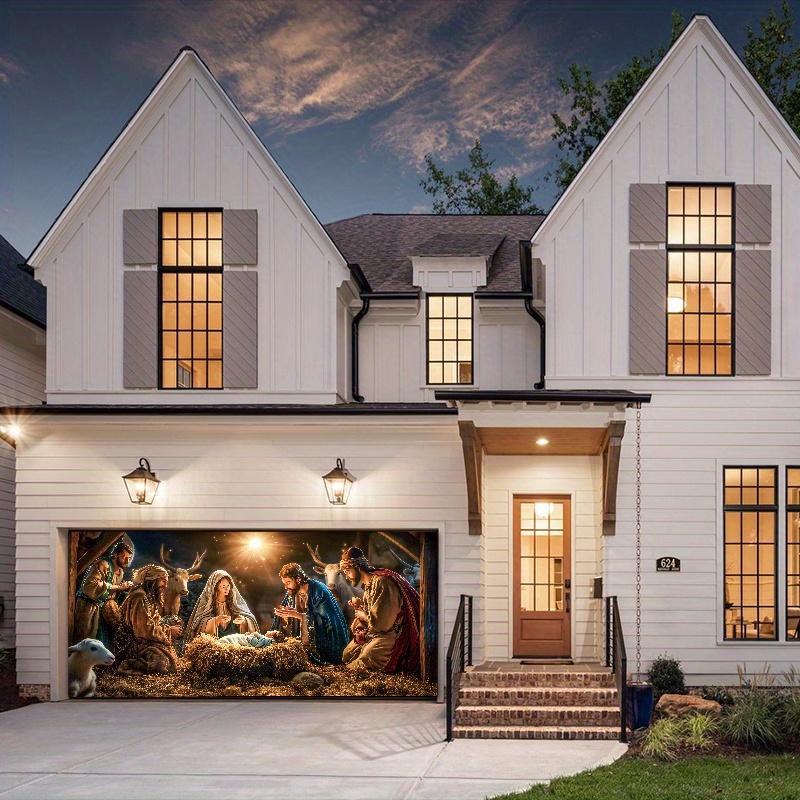 1 religious character nativity scene garage door banner Large polyester tapestry with Mary and Joseph outdoor holiday decoration, perfect for holiday and party atmosphere poinsettia artificial