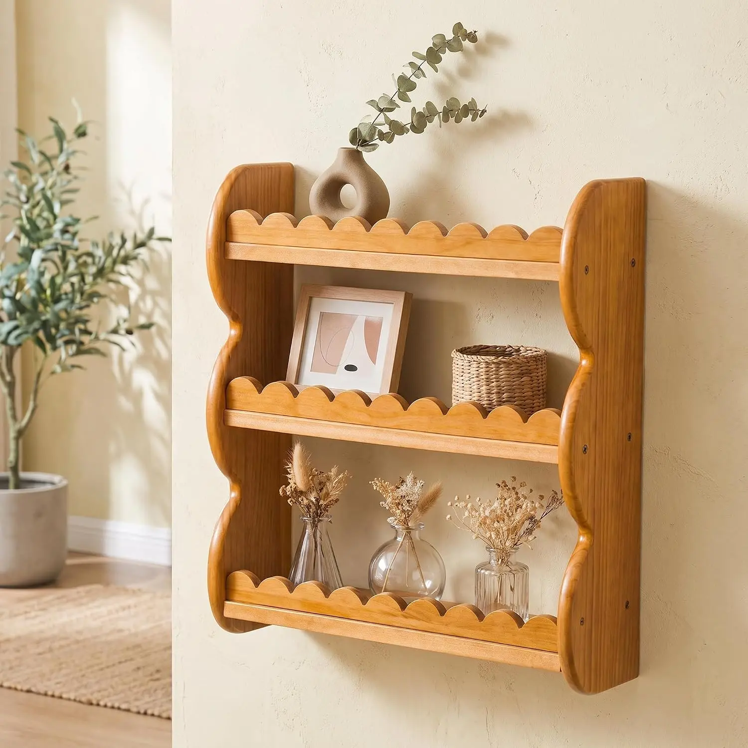 3-Tier  Wall Shelf, Scalloped Floating Shelves Storage Rack | Cute    Display Shelves for Living Room and Bedroom  Boho Decor