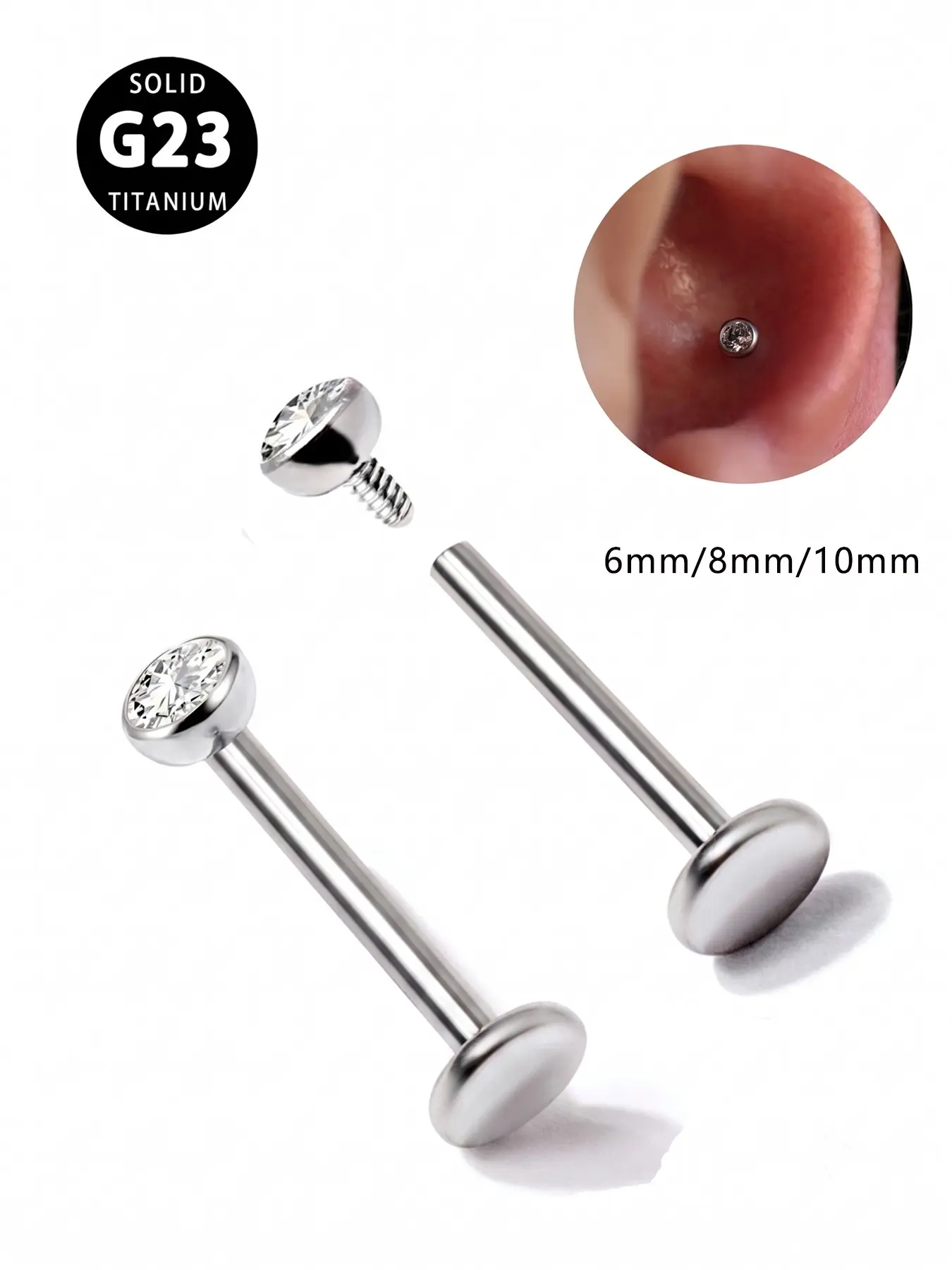 G23 Titanium Threadless Ear Cartilage Studs, 16g Earrings for Tragus, Nose Stud, Helix, Monroe, Conch, Lip Piercing, 6mm 8mm 10mm