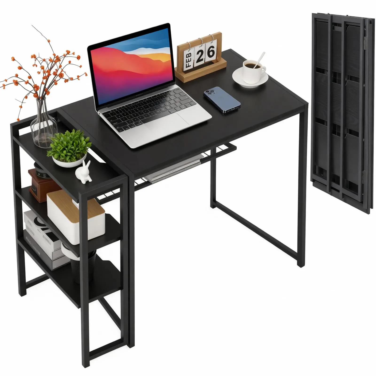 Folding Computer Desk 38.8 Inch No Assembly Wood and Metal Writing Table for Home Office Dorm Small Space Portable Workstation with Shelf