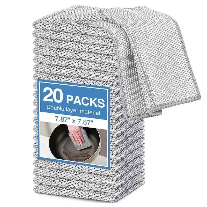 10/20-Count Non-Scratch Wire Dishcloths, Dish Cloths For Washing Dishes, Double-Layer Multipurpose Reusable Towels – Polyester Wiping Cloth for Kitchen Sinks, Pans, Washable Durable Cleaning Supplies for Wet & Dry Use, Housekeeping Essentials