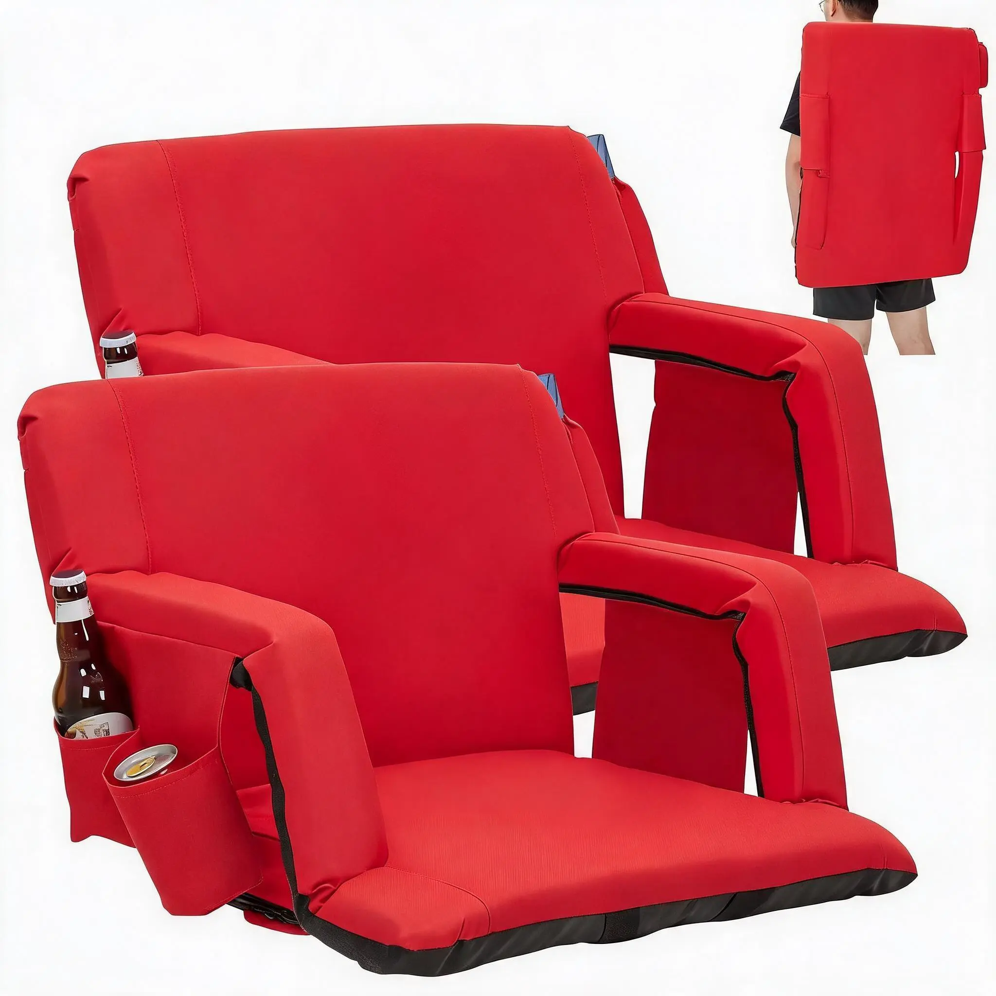 24 Inch Extra Wide Stadium Seat with 6-Position Recline, Padded Cushion & Back Support, Anti-Slip Mat, Large Storage Pockets, Cup Holders – Comfortable Bleacher Chair for Outdoor Sports and Events – Black/Red/Grey+Black/Blue