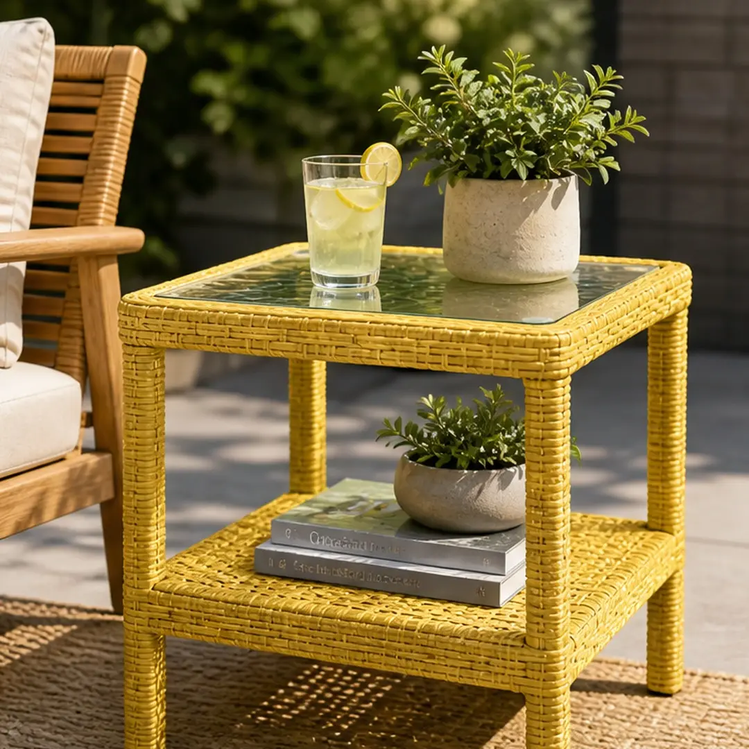 ARCH Outdoor Wicker Patio Side Table with Tempered Glass Top, 2-Tier End Table with Storage Shelf, All-Weather PE Rattan Small Table for Balcony, Backyard, Garden, Porch, Yellow Aluminum Frame, Yellow Color Options, Aluminium Alloy Material